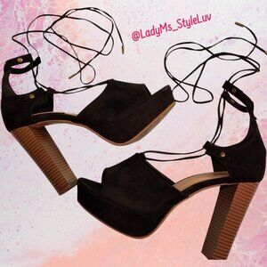 Black suede, lace-up platform heels with a stacked, chunky heel - barely worn!